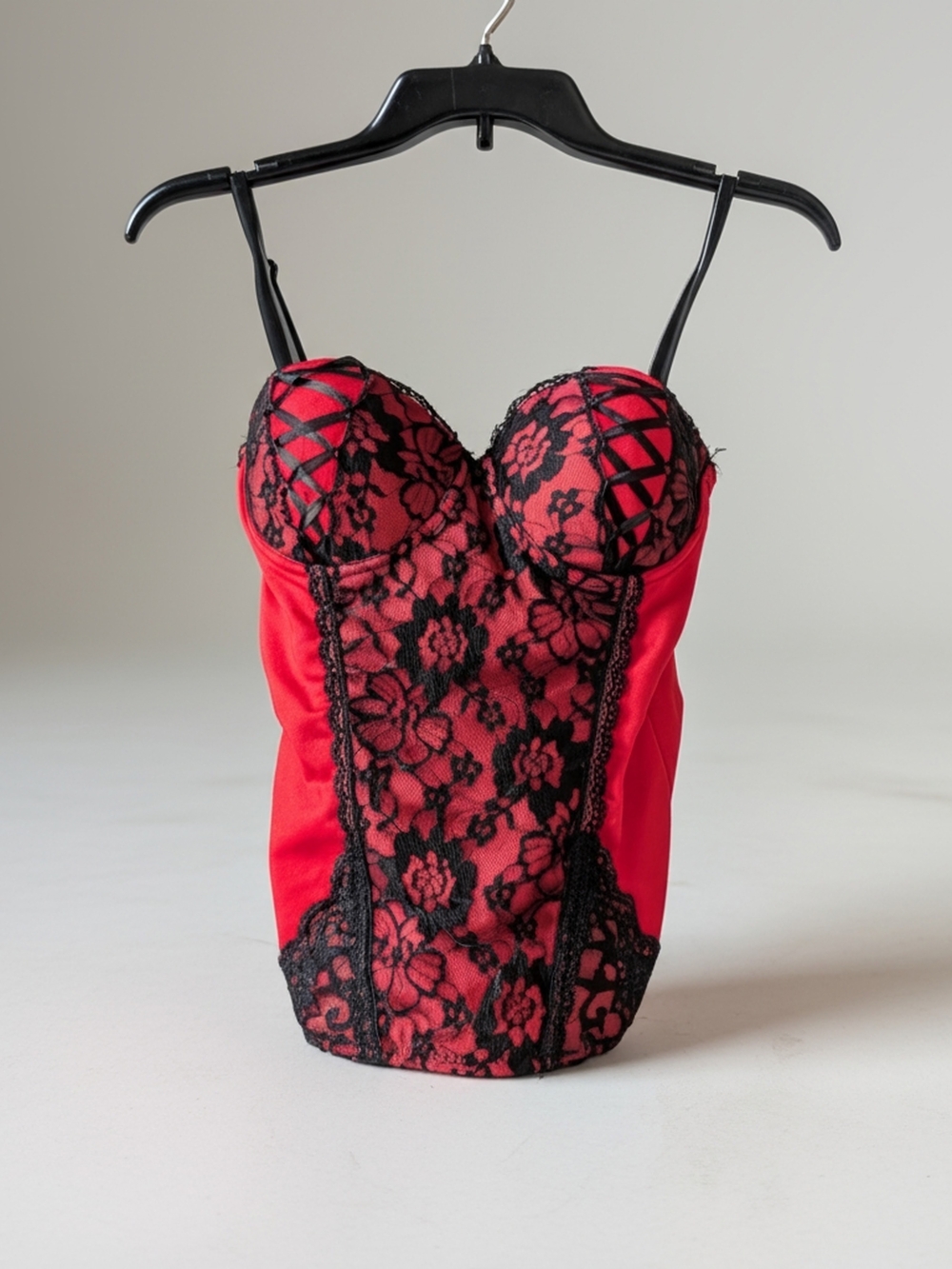 Red Lace Trim Bustier Chemise with Black Floral Overlay